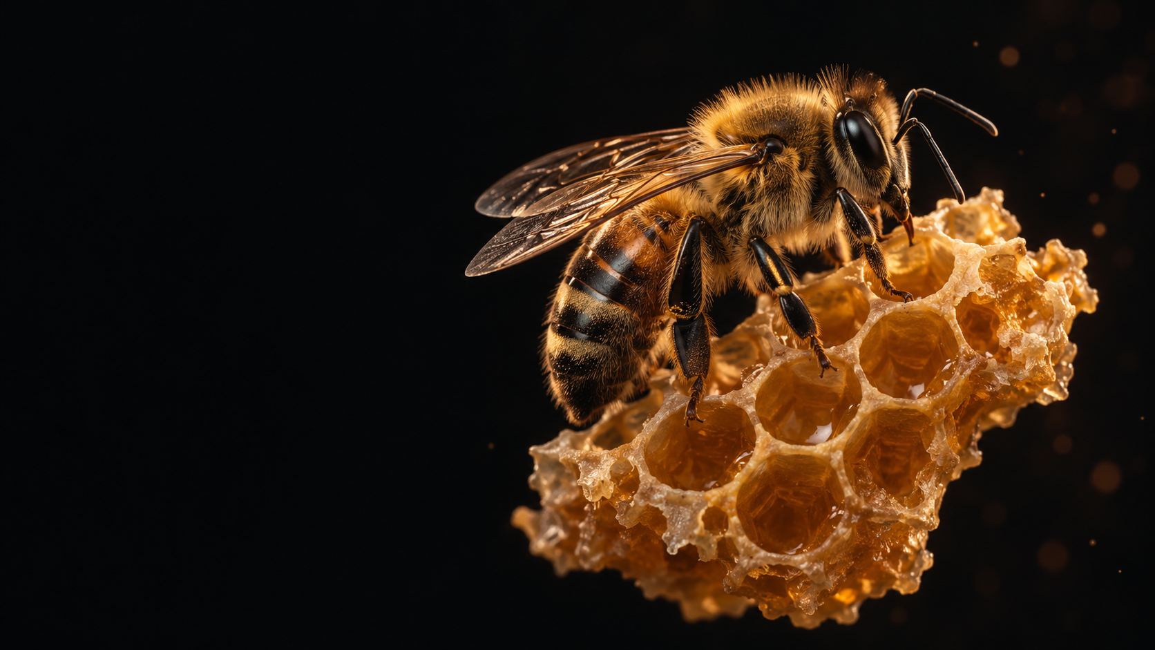 Close-up rendering of a honey bee standing on golden honeycomb