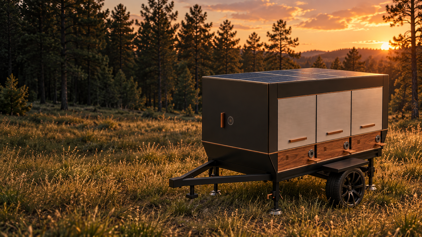 RoBee trailer rendering in a grassy pine clearing at sunset